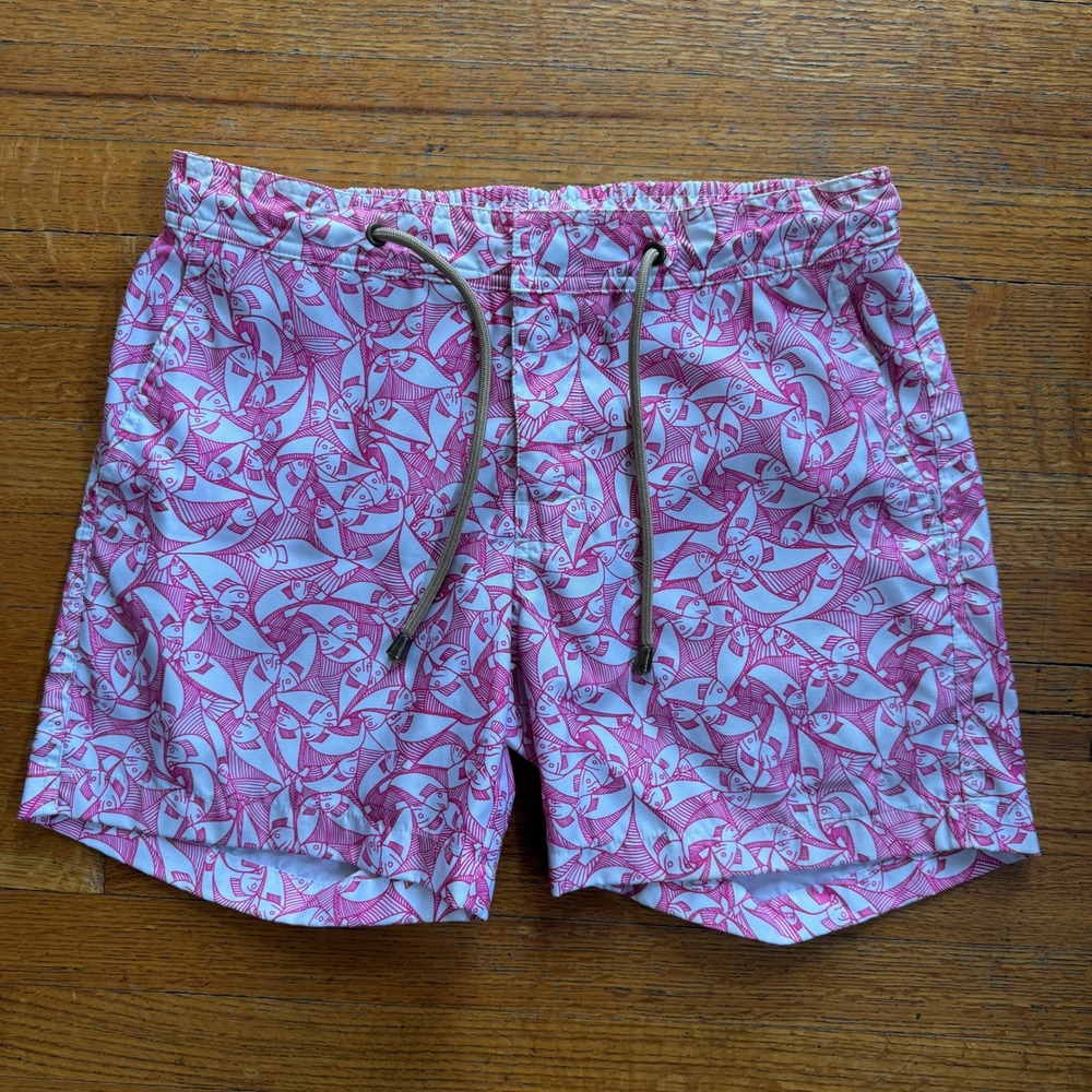 Thorsun Mens Pink White Fish Print Swim Trunks Size 30 Made in Portugal